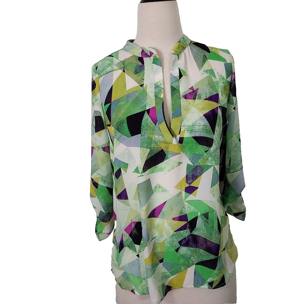 Chelsea Taylor Blouse Tunic Top Womens Size PM Sheer Flowy Roll Tab Sleeve NWT
